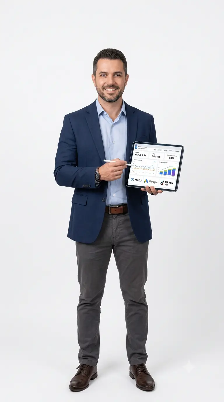 Bruno Cardoso, especialista em tráfego pago, segurando um tablet com painel de campanhas de Meta, Google e TikTok Ads
